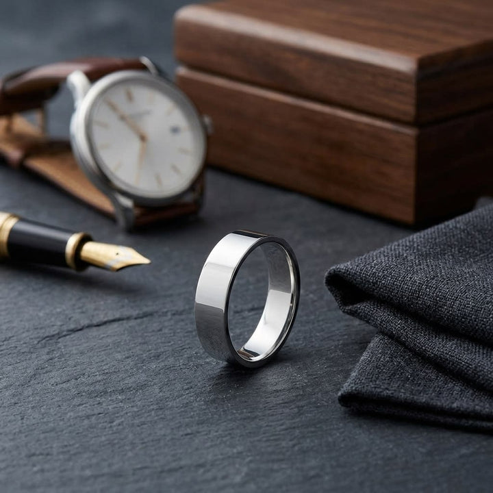 6mm Traditional Flat Wedding Band in 14K White Gold, on walnut surface with pocket square