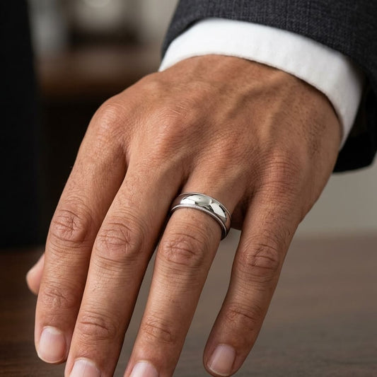 6mm Slightly Domed Traditional Oval Milgrain Wedding Band in 14K White Gold, worn on hand, masculine close-up