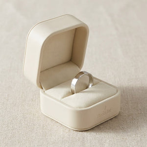 4mm Flat Comfort-Fit Wedding Band in 14K White Gold, in navy velvet jewelry box