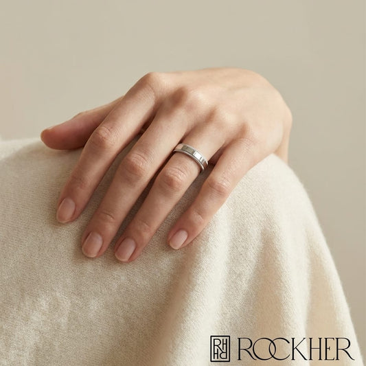 4mm Flat Milgrain Comfort-Fit Wedding Band in 14K White Gold, worn on hand, full view