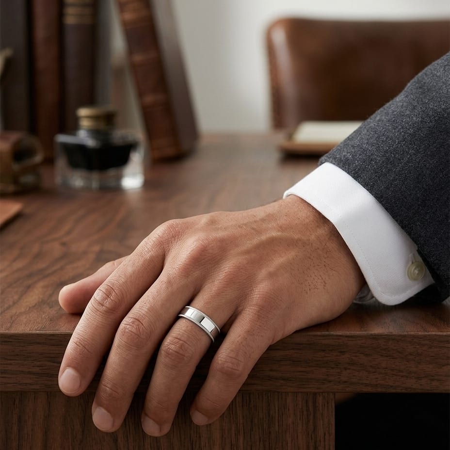 6mm Flat Milgrain Comfort-Fit Wedding Band in 14K White Gold, worn on hand, masculine full view