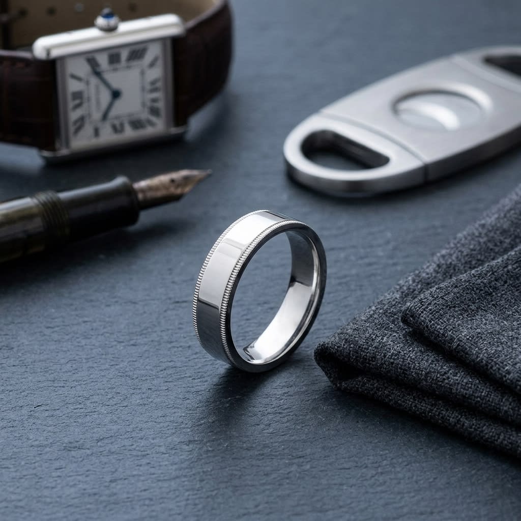6mm Flat Milgrain Comfort-Fit Wedding Band in 14K White Gold, on walnut surface with pocket square