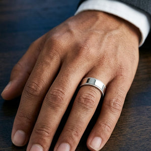 8mm Flat Milgrain Comfort-Fit Wedding Band in 14K White Gold, worn on hand, masculine close-up