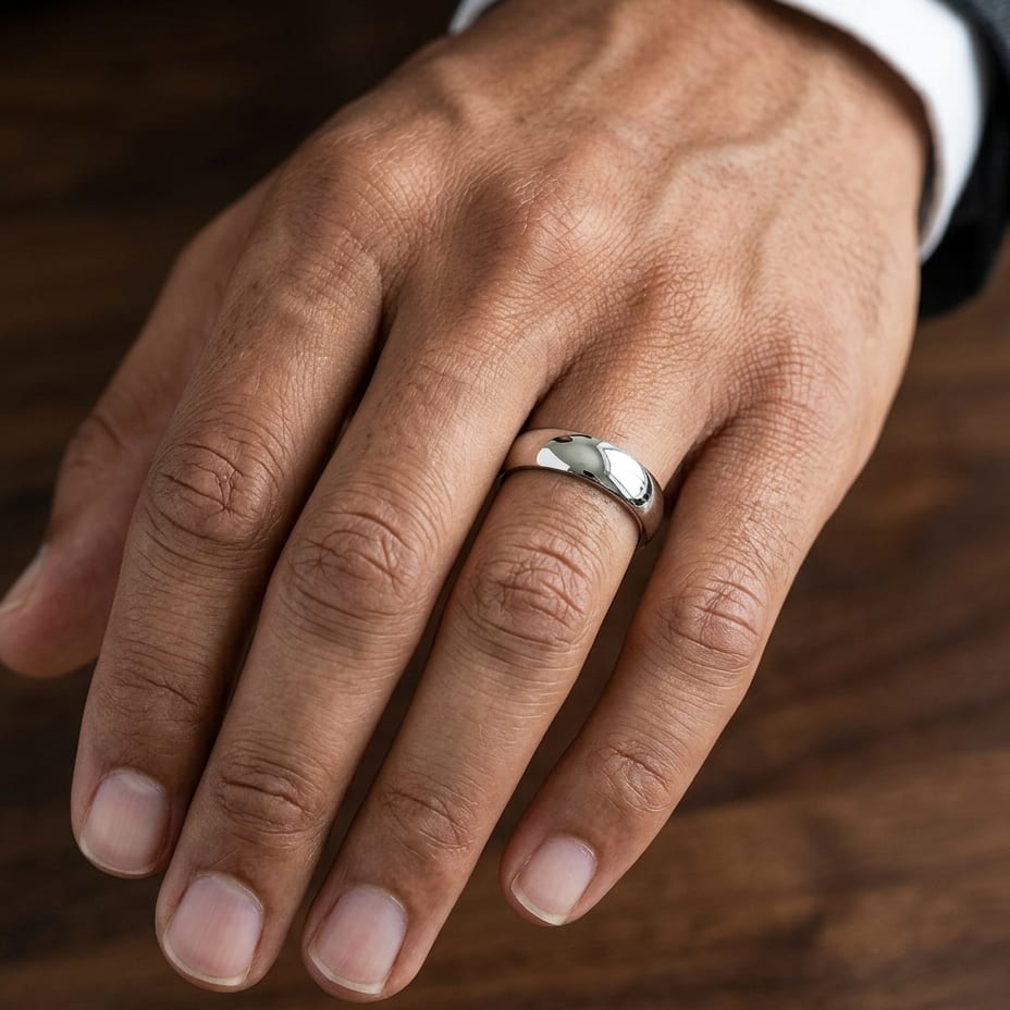 5.5mm Deluxe Comfort-Fit Wedding Band in 14K White Gold, worn on hand, masculine close-up