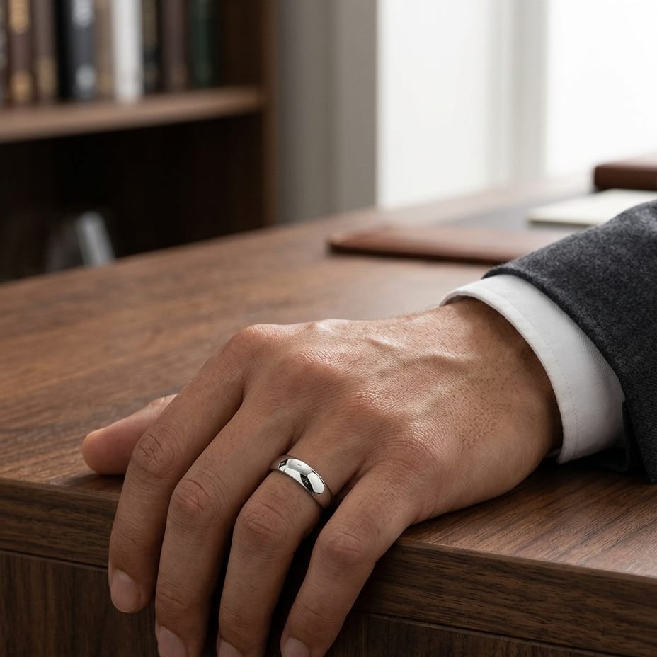 5.5mm Deluxe Comfort-Fit Wedding Band in 14K White Gold, worn on hand, masculine full view