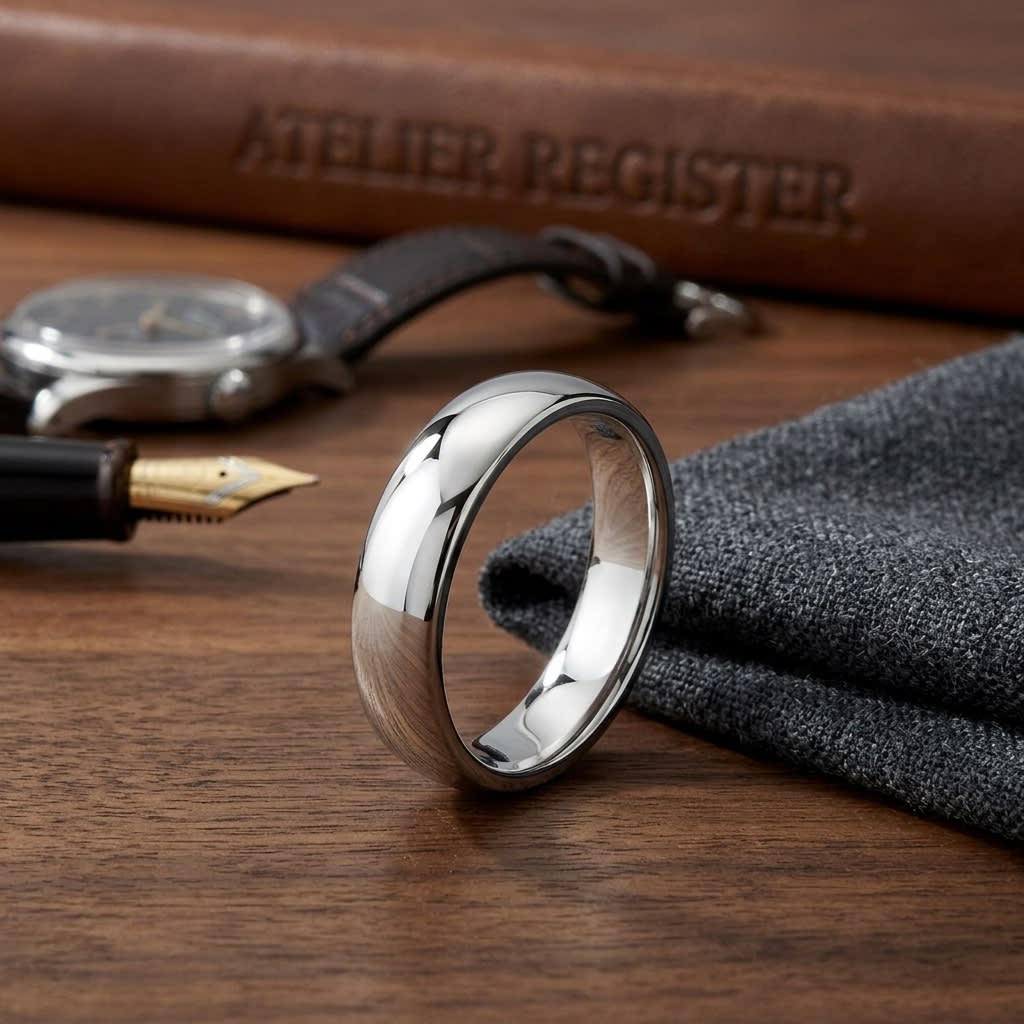 5.5mm Deluxe Comfort-Fit Wedding Band in 14K White Gold, on walnut surface with pocket square
