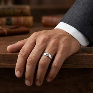 6.5mm Deluxe Comfort-Fit Wedding Band in 14K White Gold, worn on hand, masculine full view