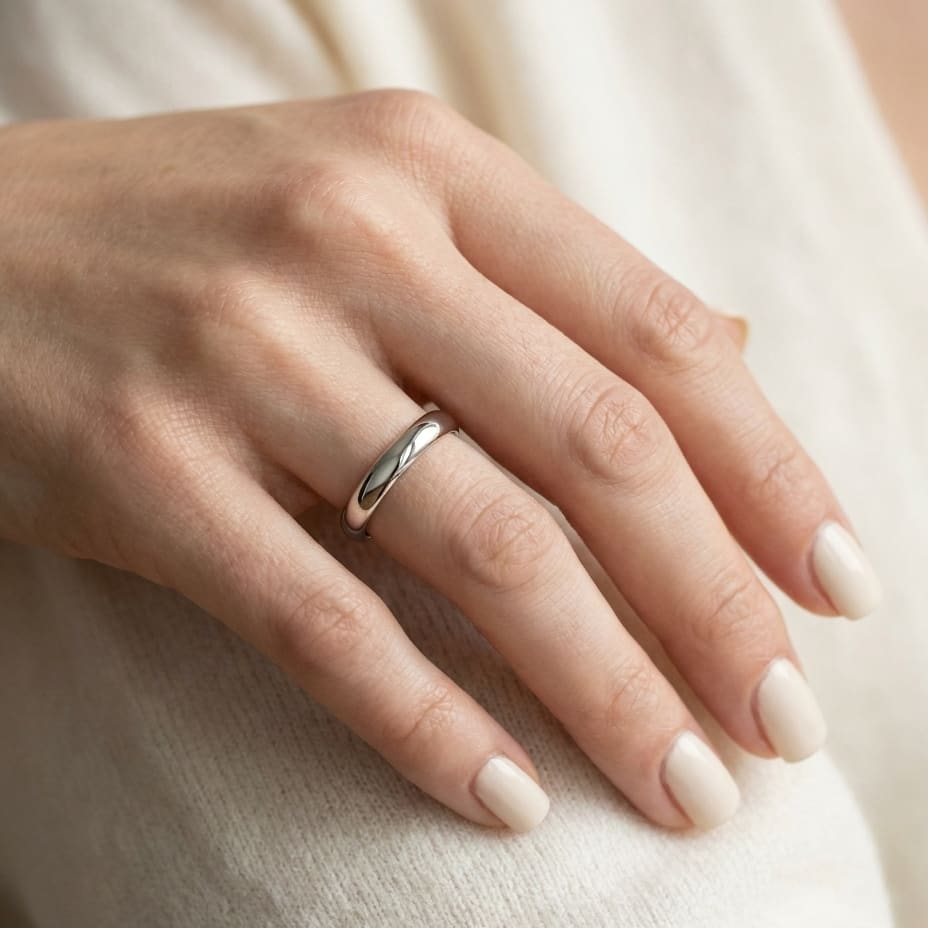3mm High Dome Comfort-Fit Wedding Band in 14K White Gold, worn on hand, close-up