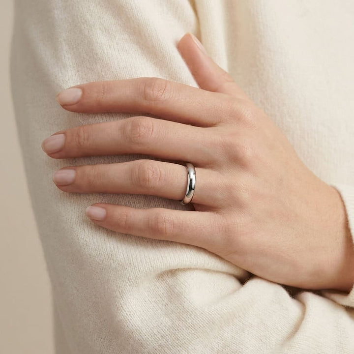 3mm High Dome Comfort-Fit Wedding Band in 14K White Gold, worn on hand, full view