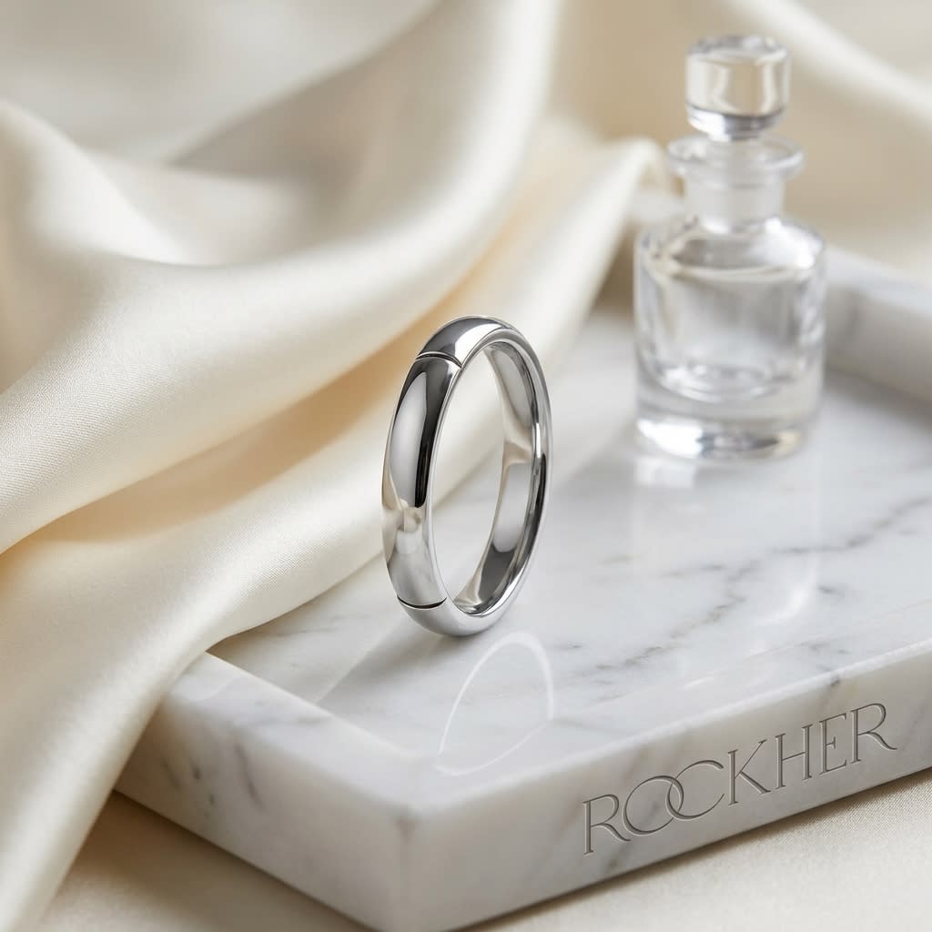 3mm High Dome Comfort-Fit Wedding Band in 14K White Gold, on marble vanity tray with silk