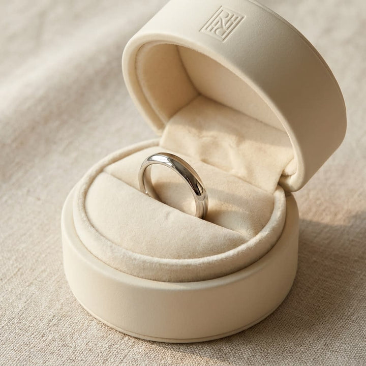 3mm High Dome Comfort-Fit Wedding Band in 14K White Gold, in navy velvet jewelry box