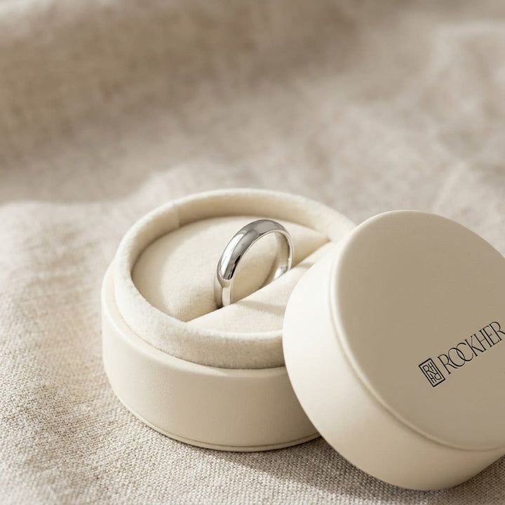 4mm High Dome Comfort-Fit Wedding Band in 14K White Gold, in navy velvet jewelry box