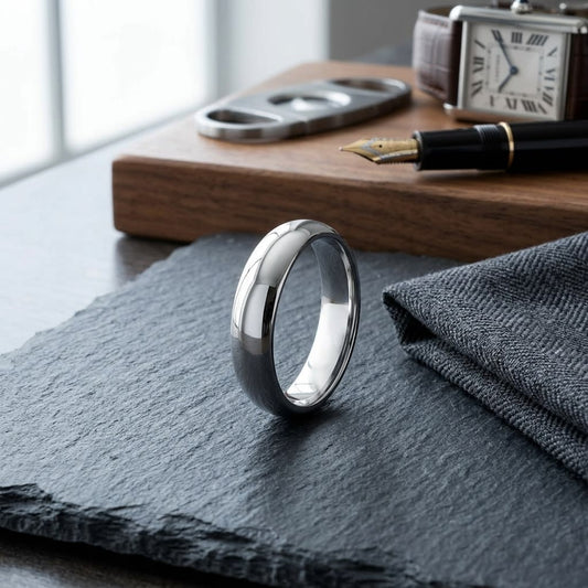 5mm High Dome Comfort-Fit Wedding Band in 14K White Gold, on walnut surface with pocket square