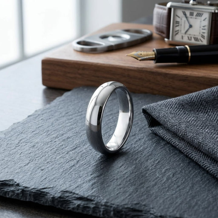 5mm High Dome Comfort-Fit Wedding Band in 14K White Gold, on walnut surface with pocket square