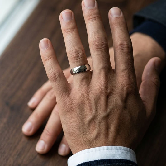 6mm Low Dome Wedding Band in 14K White Gold, worn on hand, masculine close-up
