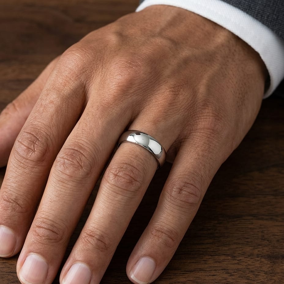6mm Slightly Domed Comfort-Fit Wedding Band in 14K White Gold, worn on hand, masculine close-up