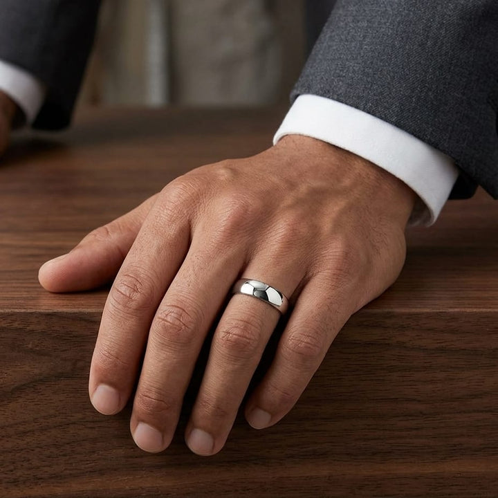 6mm Slightly Domed Comfort-Fit Wedding Band in 14K White Gold, worn on hand, masculine full view