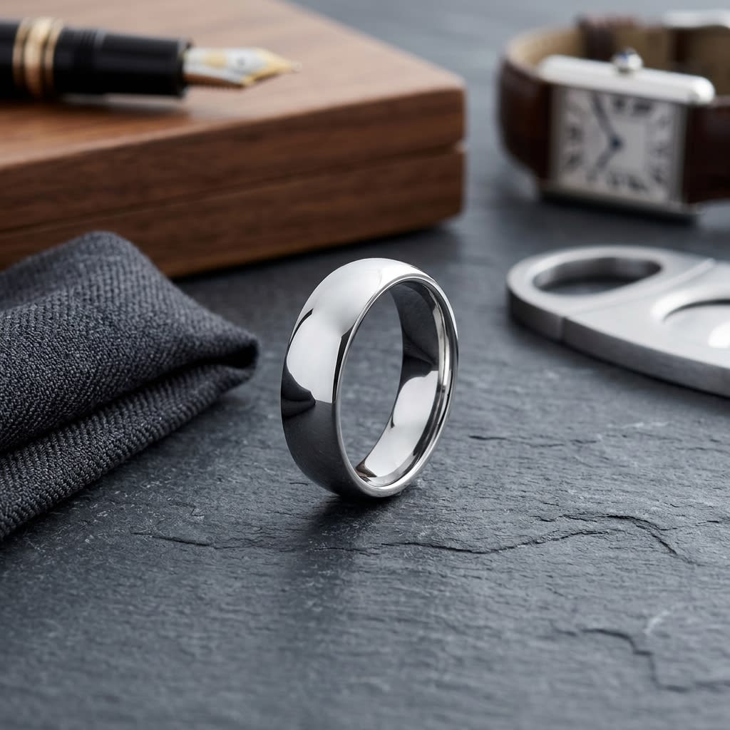 6mm Slightly Domed Comfort-Fit Wedding Band in 14K White Gold, on walnut surface with pocket square