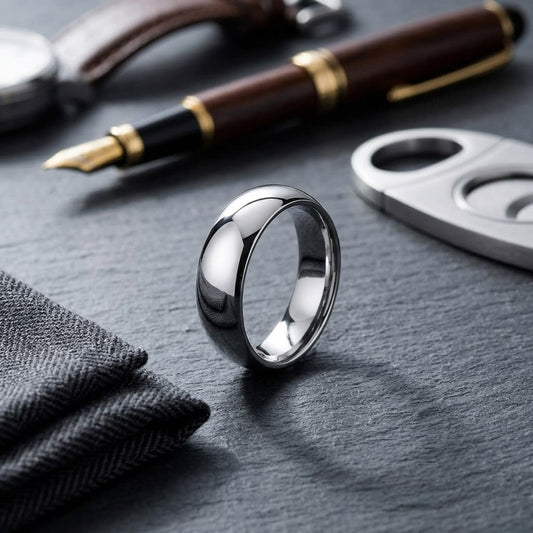 7mm Slightly Domed Comfort-Fit Wedding Band in 14K White Gold, on walnut surface with pocket square