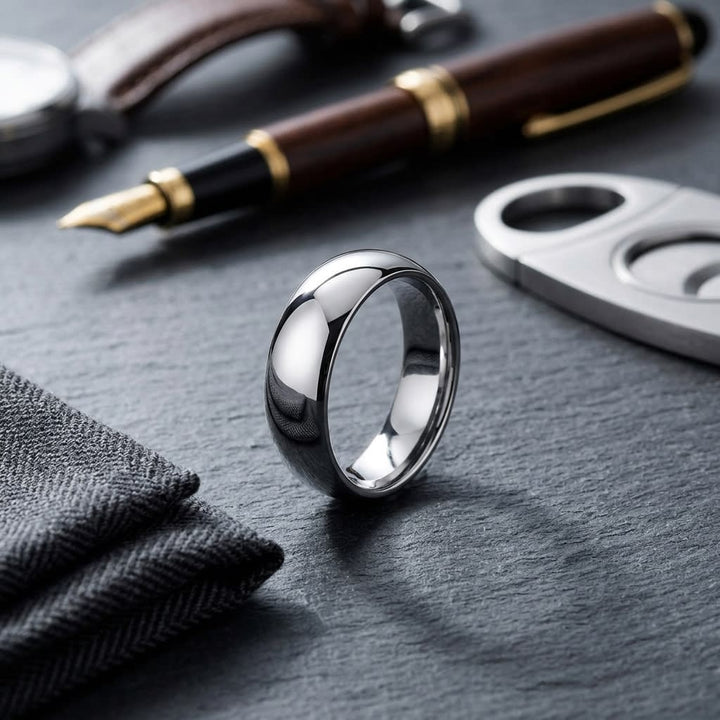 7mm Slightly Domed Comfort-Fit Wedding Band in 14K White Gold, on walnut surface with pocket square