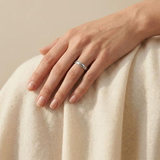 4mm Slightly Domed Milgrain Comfort-Fit Wedding Band in 14K White Gold, worn on hand, full view