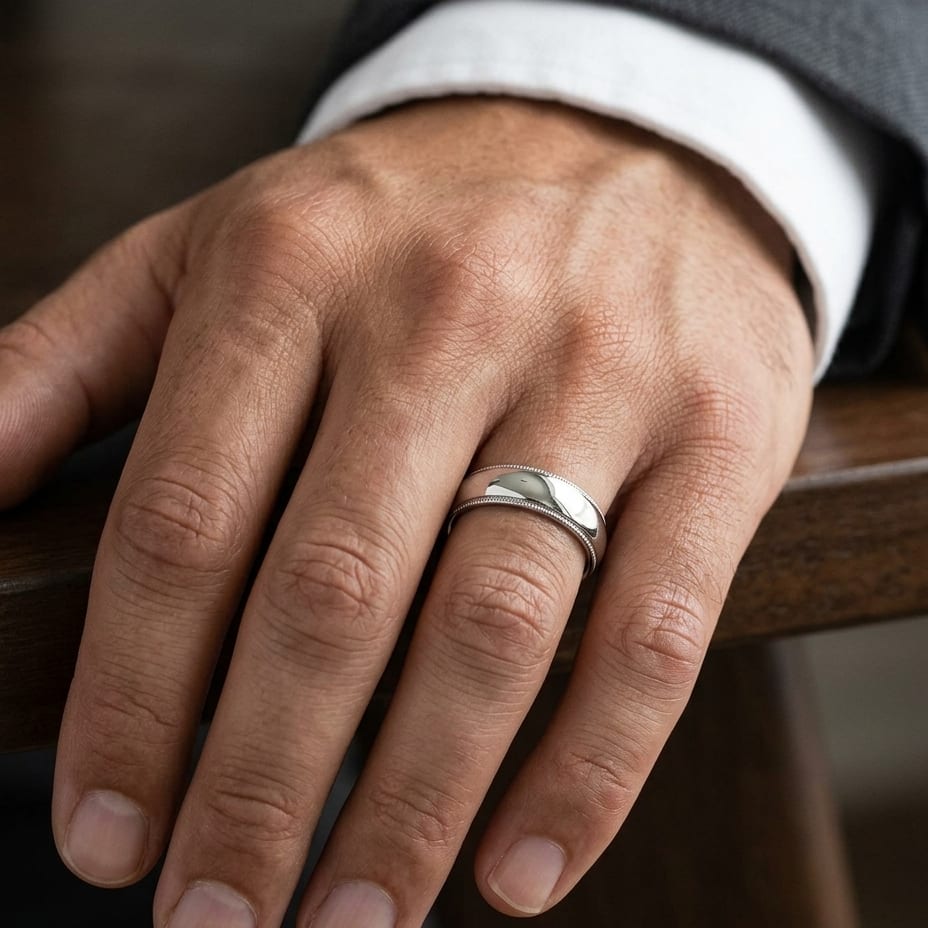 6mm Slightly Domed Milgrain Comfort-Fit Wedding Band in 14K White Gold, worn on hand, masculine close-up