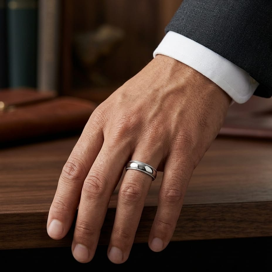 6mm Slightly Domed Milgrain Comfort-Fit Wedding Band in 14K White Gold, worn on hand, masculine full view