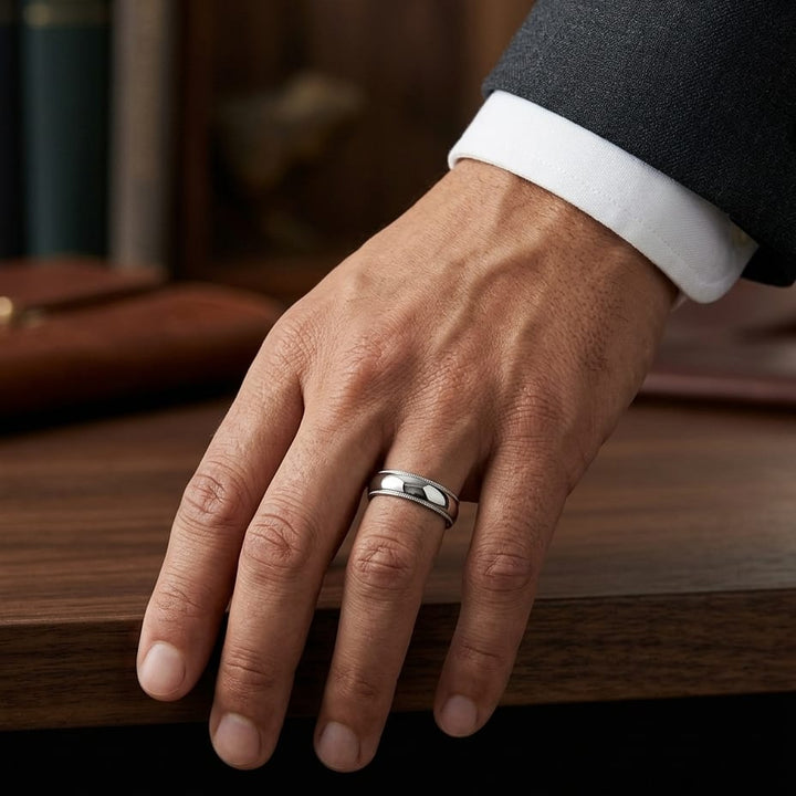 6mm Slightly Domed Milgrain Comfort-Fit Wedding Band in 14K White Gold, worn on hand, masculine full view