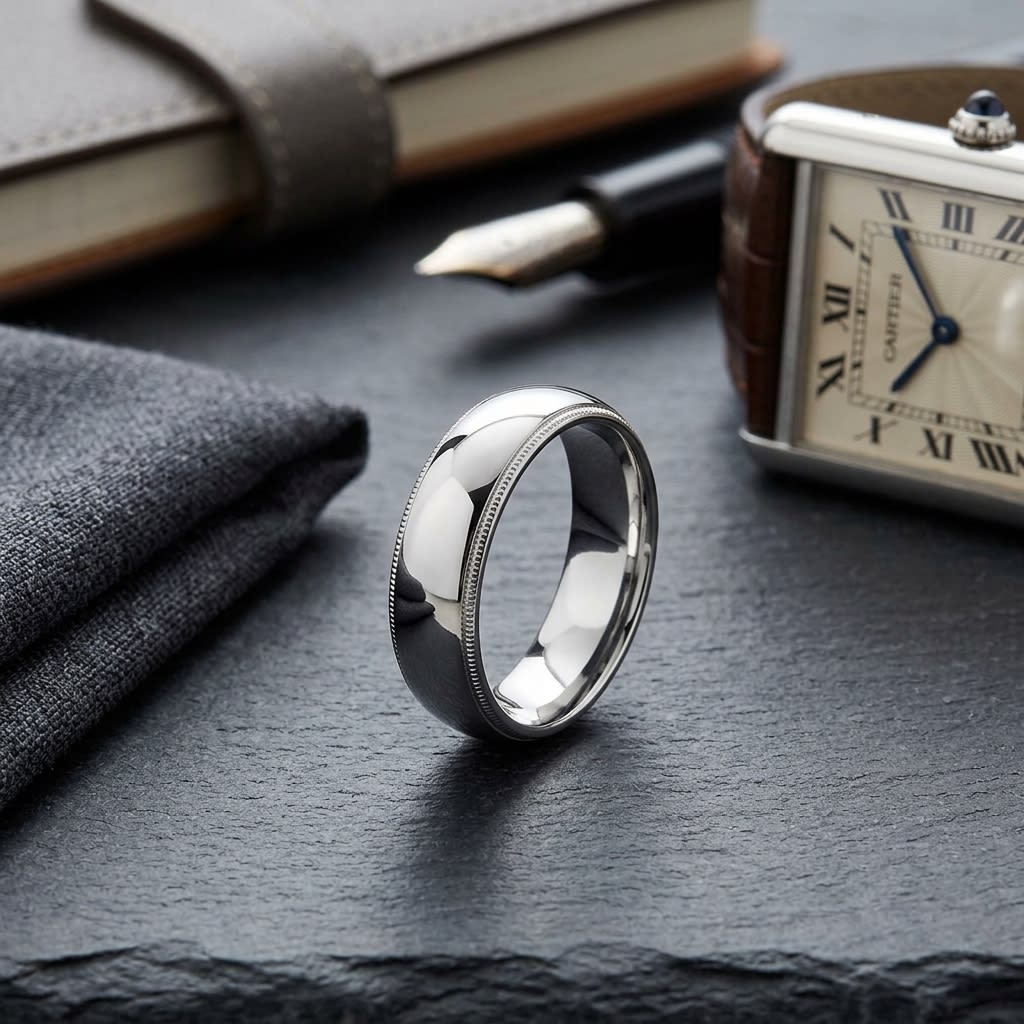 6mm Slightly Domed Milgrain Comfort-Fit Wedding Band in 14K White Gold, on walnut surface with pocket square