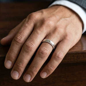 5mm Slightly Domed Double Milgrain Comfort-Fit Wedding Band in 14K White Gold, worn on hand, masculine close-up
