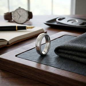 5mm Slightly Domed Double Milgrain Comfort-Fit Wedding Band in 14K White Gold, on walnut surface with pocket square
