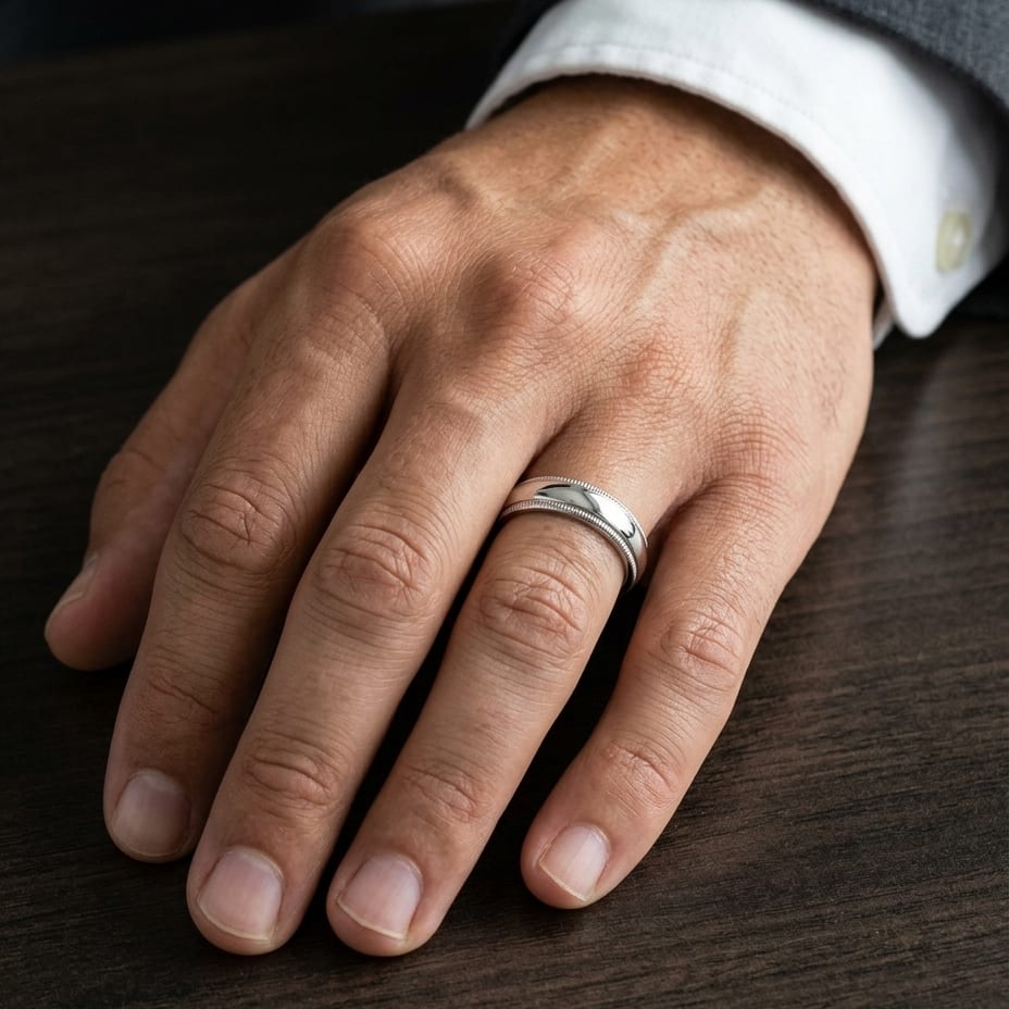 6mm Slightly Domed Double Milgrain Comfort-Fit Wedding Band in 14K White Gold, worn on hand, masculine close-up