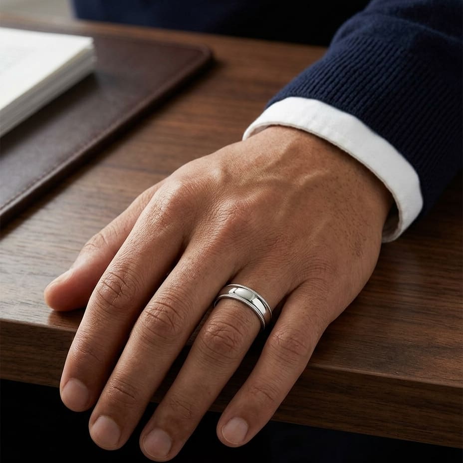 6mm Slightly Domed Double Milgrain Comfort-Fit Wedding Band in 14K White Gold, worn on hand, masculine full view