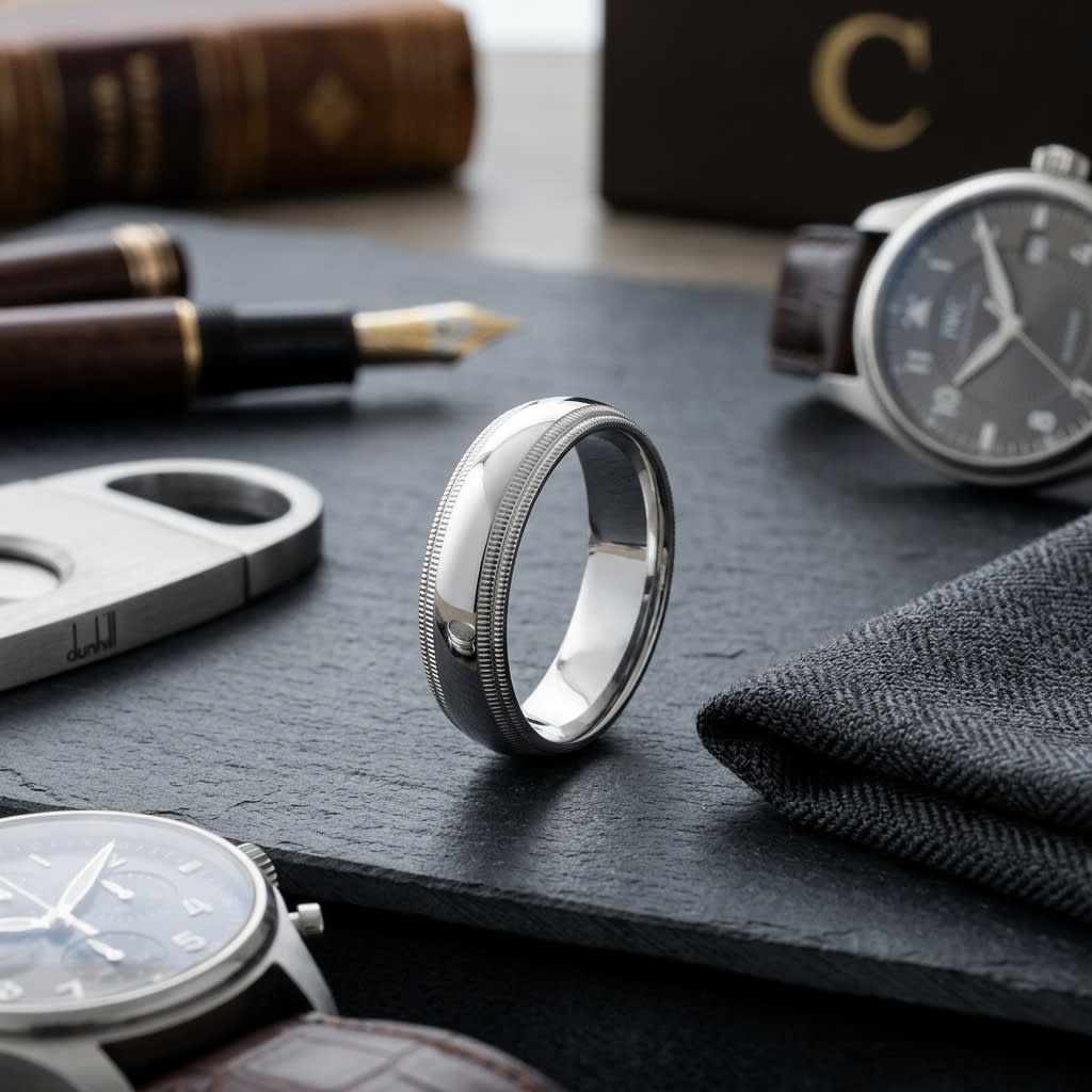 6mm Slightly Domed Double Milgrain Comfort-Fit Wedding Band in 14K White Gold, on walnut surface with pocket square