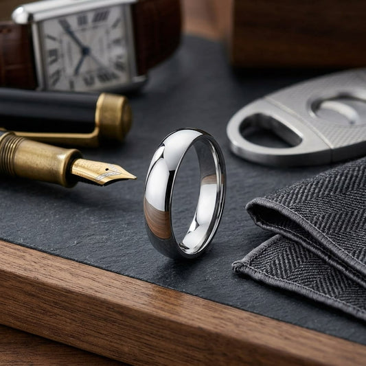 5mm Slightly Domed Super Light Comfort-Fit Wedding Band in 14K White Gold, on walnut surface with pocket square