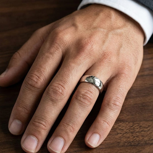 7mm Slightly Domed Super Light Comfort-Fit Wedding Band in 14K White Gold, worn on hand, masculine close-up