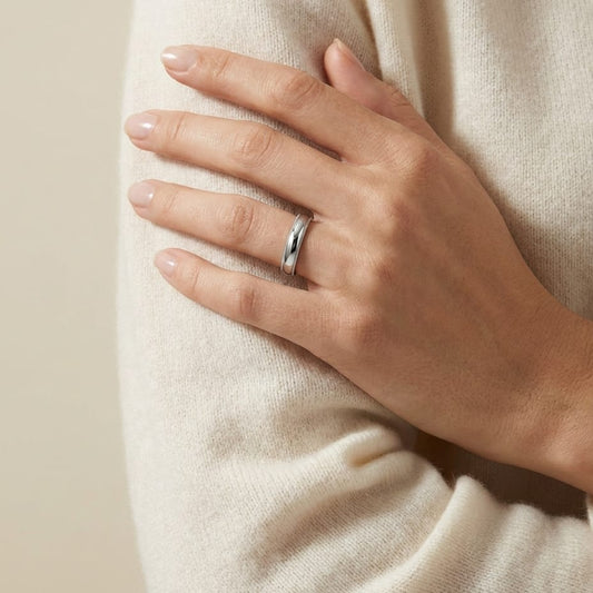 4mm Slightly Domed Super Light Milgrain Comfort-Fit Wedding Band in 14K White Gold, worn on hand, full view