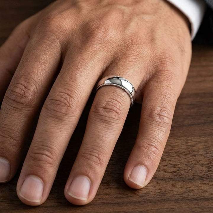 6mm Slightly Domed Super Light Milgrain Comfort-Fit Wedding Band in 14K White Gold, worn on hand, masculine close-up