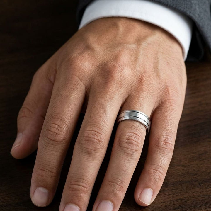 6mm Satin Finish Parallel Groove Carved Wedding Band in 14K White Gold, worn on hand, masculine close-up