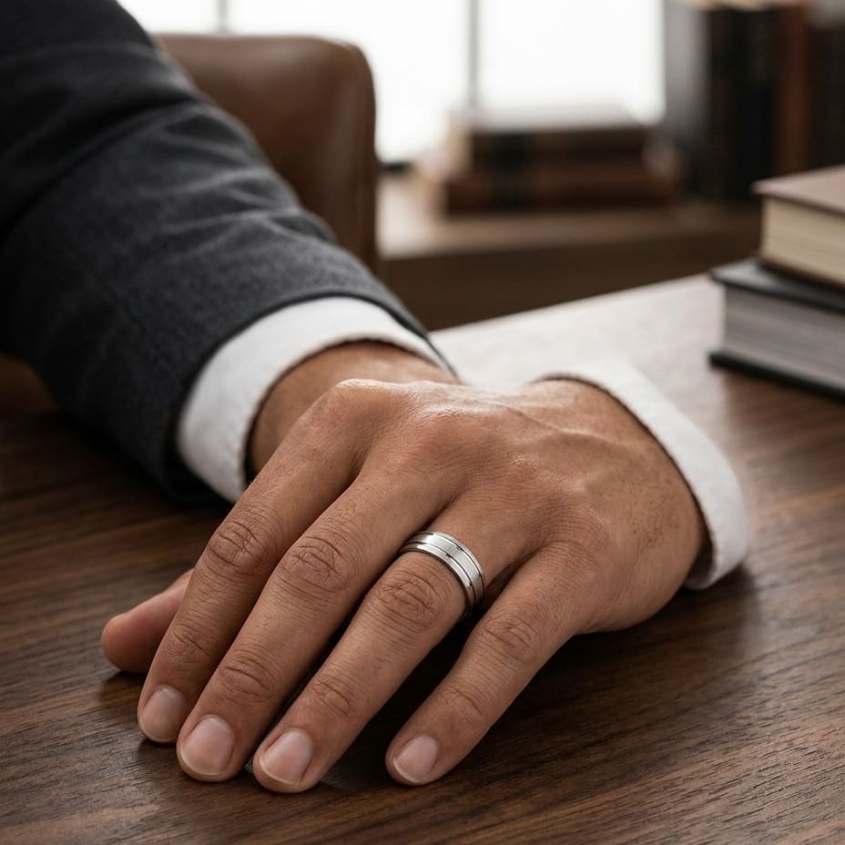 6mm Satin Finish Parallel Groove Carved Wedding Band in 14K White Gold, worn on hand, masculine full view