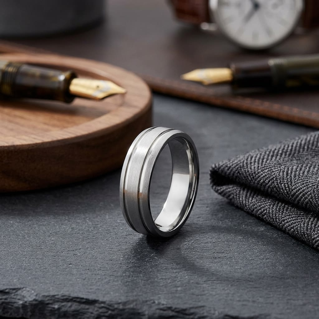 6mm Satin Finish Parallel Groove Carved Wedding Band in 14K White Gold, on walnut surface with pocket square