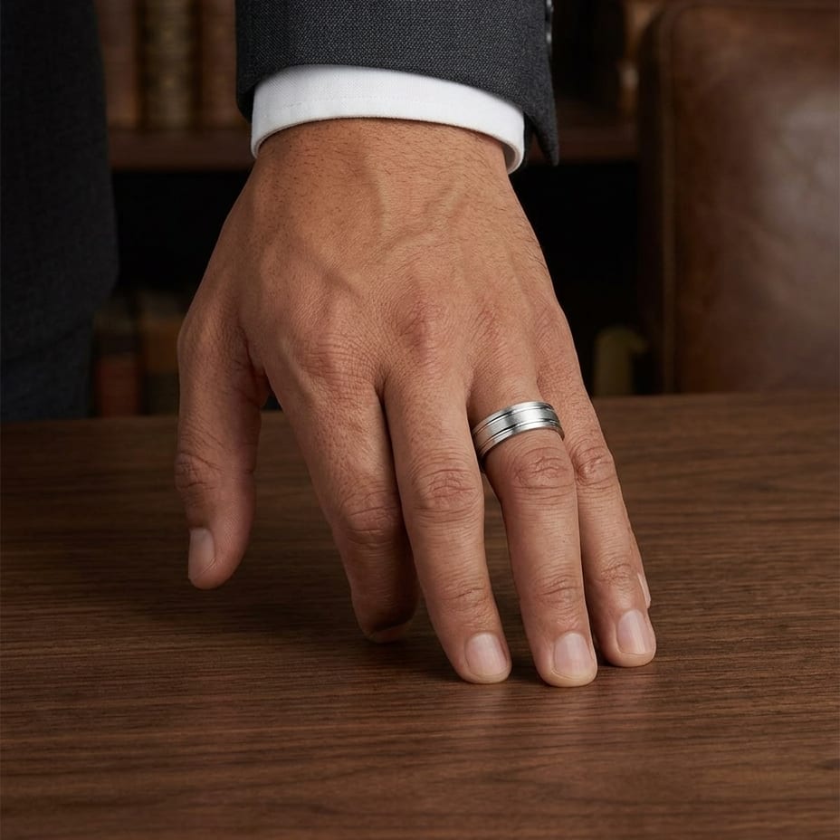 7mm Satin Finish Parallel Groove Carved Wedding Band in 14K White Gold, worn on hand, masculine full view