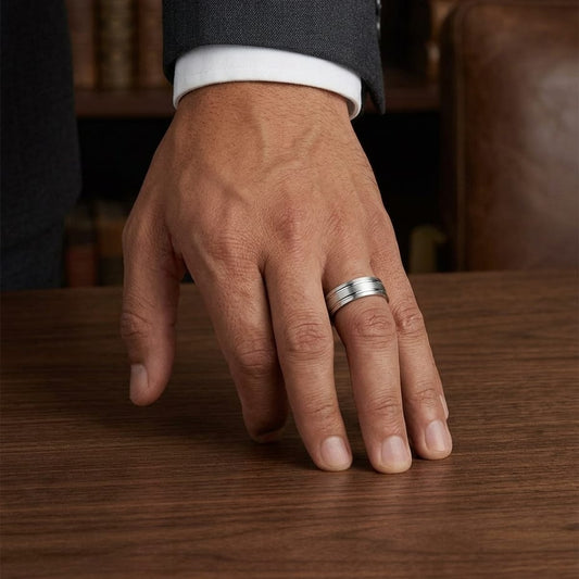 7mm Satin Finish Parallel Groove Carved Wedding Band in 14K White Gold, worn on hand, masculine full view