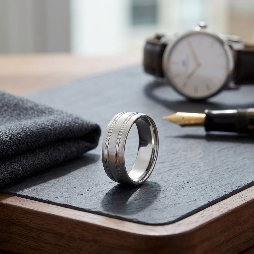 7mm Satin Finish Parallel Groove Carved Wedding Band in 14K White Gold, on walnut surface with pocket square