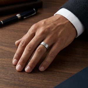 6mm Satin Finish Parallel Center Cut Carved Wedding Band in 14K White Gold, worn on hand, masculine full view