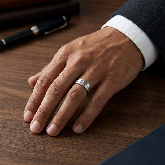 6mm Satin Finish Parallel Center Cut Carved Wedding Band in 14K White Gold, worn on hand, masculine full view