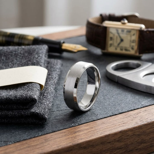 6mm Satin Finish High Polished Beveled Edge Carved Wedding Band in 14K White Gold, on walnut surface with pocket square