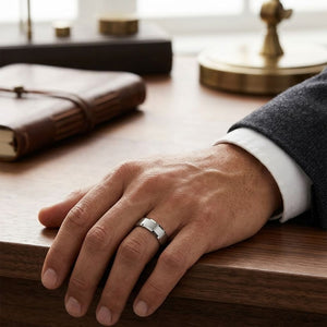 7mm Satin Finish High Polished Beveled Edge Carved Wedding Band in 14K White Gold, worn on hand, masculine full view
