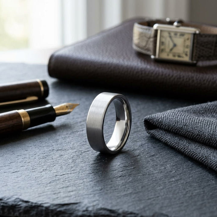 6mm Satin Finish Carved Wedding Band in 14K White Gold, on walnut surface with pocket square
