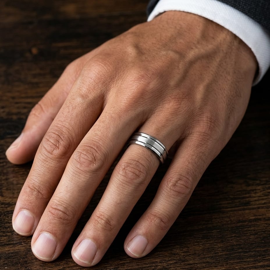 6mm Satin Finish Parallel Groove Carved Wedding Band in 14K White Gold, worn on hand, masculine close-up